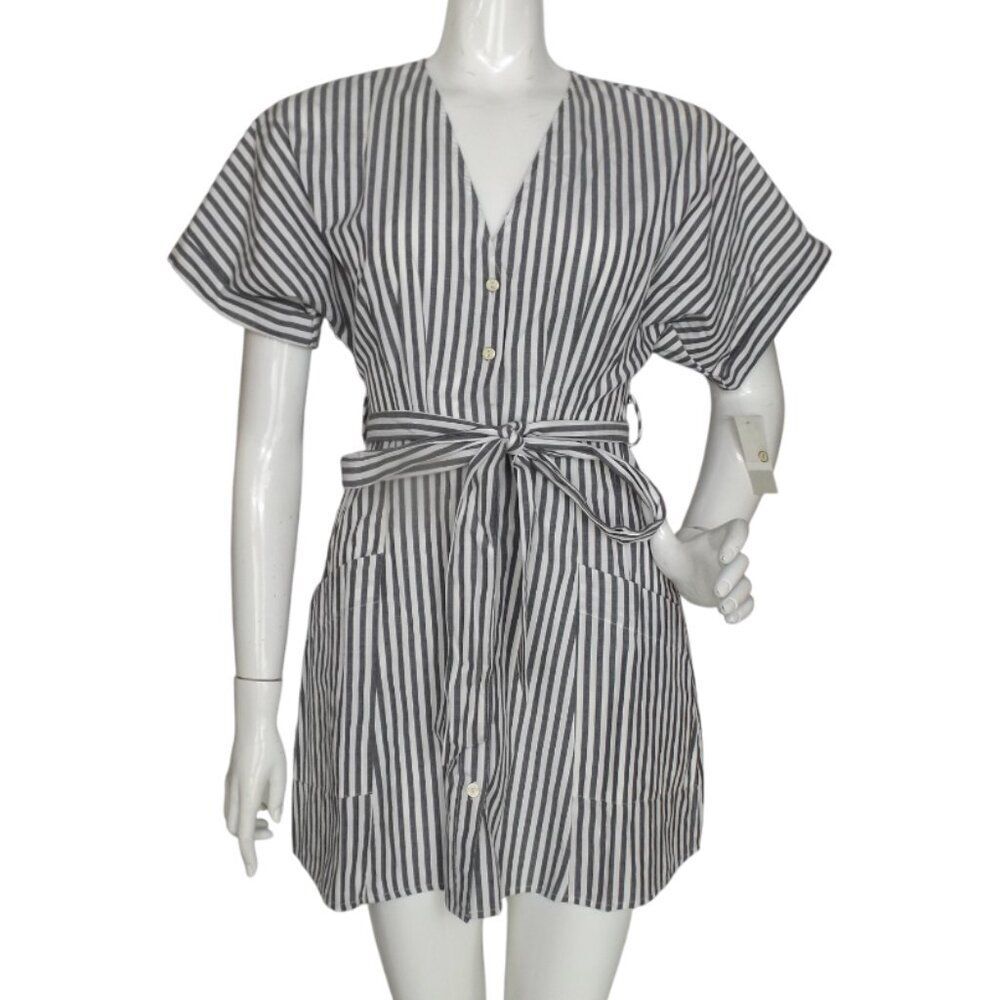 new BP Dress, XXS, Grey/White Stripes, Mini, Buttons, Pockets, Short sleeve Sash